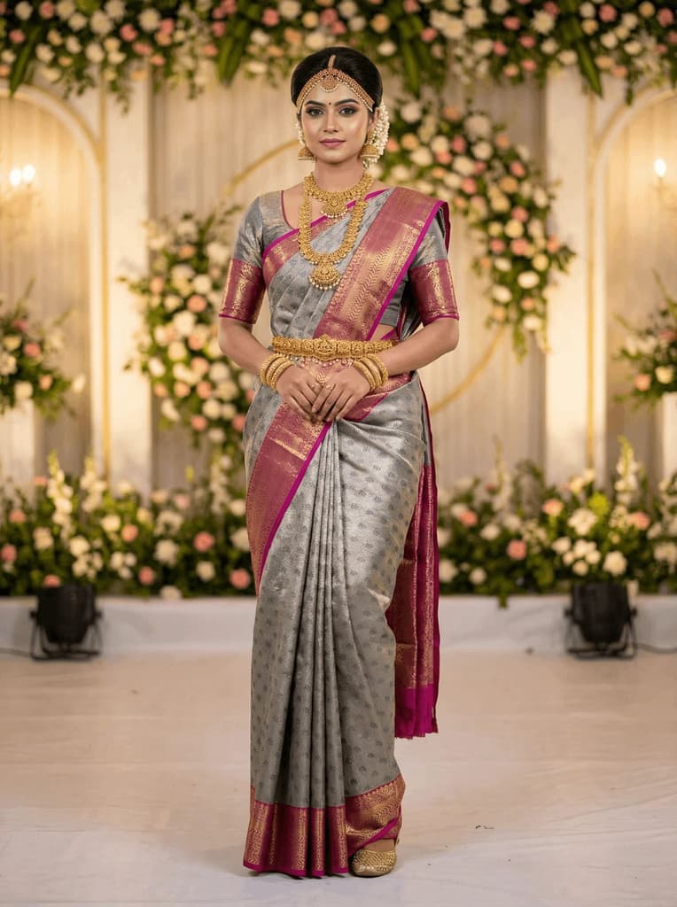 MIMOSA Women's Woven Design Kanjivaram Style Art Silk Saree with Blouse Piece - Navy Blue (SA00002866NVFREE) — Default Title
