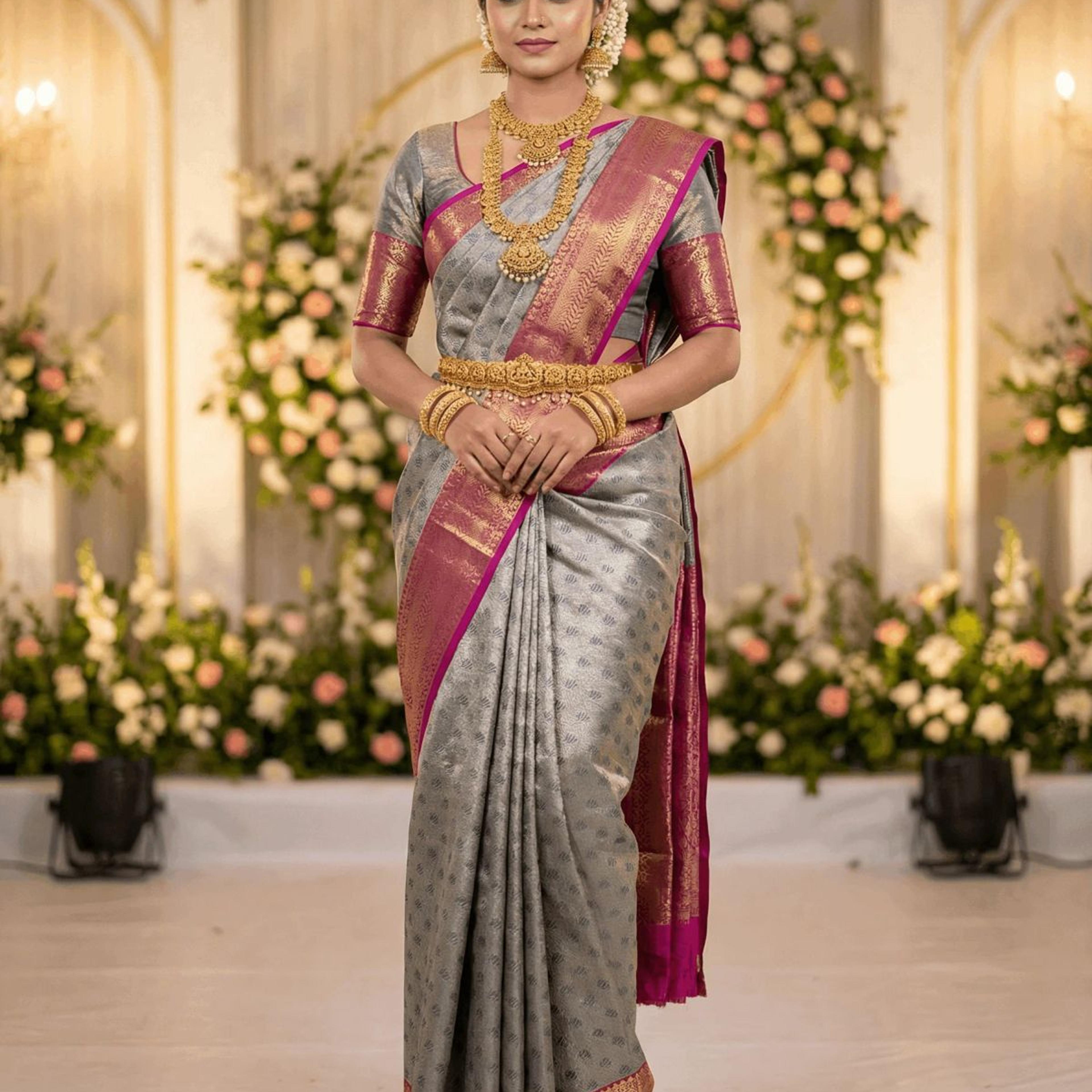 MIMOSA Women's Woven Design Kanjivaram Style Art Silk Saree with Blouse Piece - Navy Blue (SA00002866NVFREE)