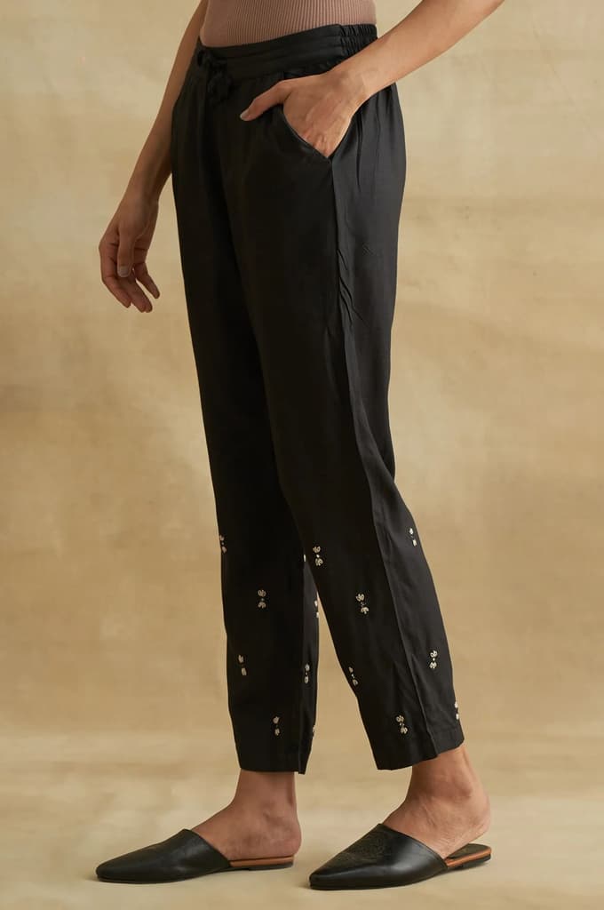 Black Thread Embroidered Silk Tussar Straight Pants — photo 3
