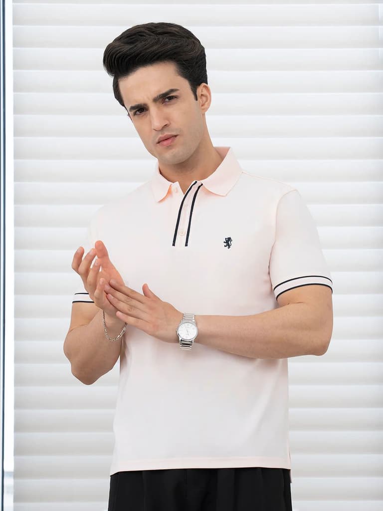 T Shirts for Men in Pastel Pink | Jacquard Placket Polo T Shirt — S / Pastel Pink