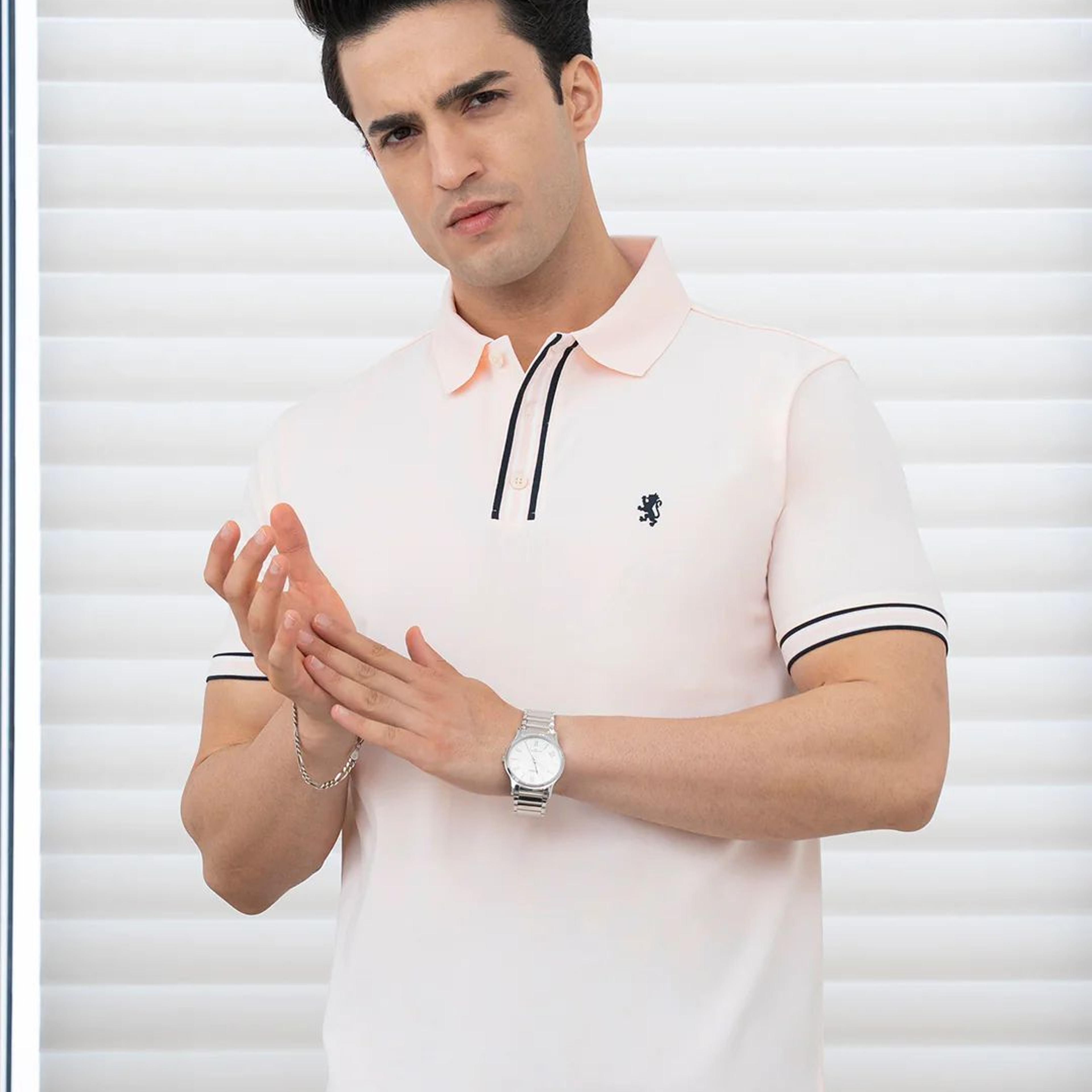 T Shirts for Men in Pastel Pink | Jacquard Placket Polo T Shirt