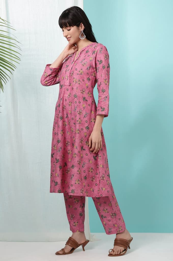 Pink Floral Printed Pure Cotton A-line Kurta and Pants Co-ord Set — photo 5