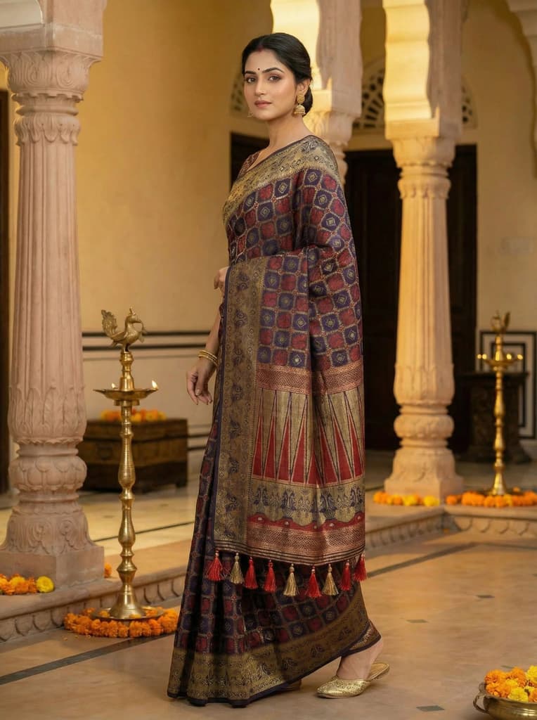MIMOSA Women's Woven Design Patola Style Raw Silk Saree with Blouse Piece - Navy ( SA00003139NVFREE ) — photo 3