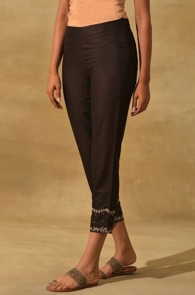 Brown Embroidered Viscose Silk Tussar Slim Pants — photo 4