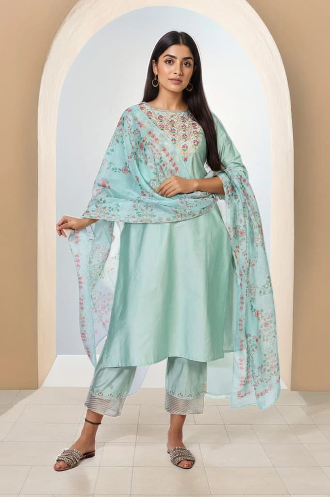 Green Embroidered Straight Jacquard Kurta with Straight Pant and Dupatta Set — XS