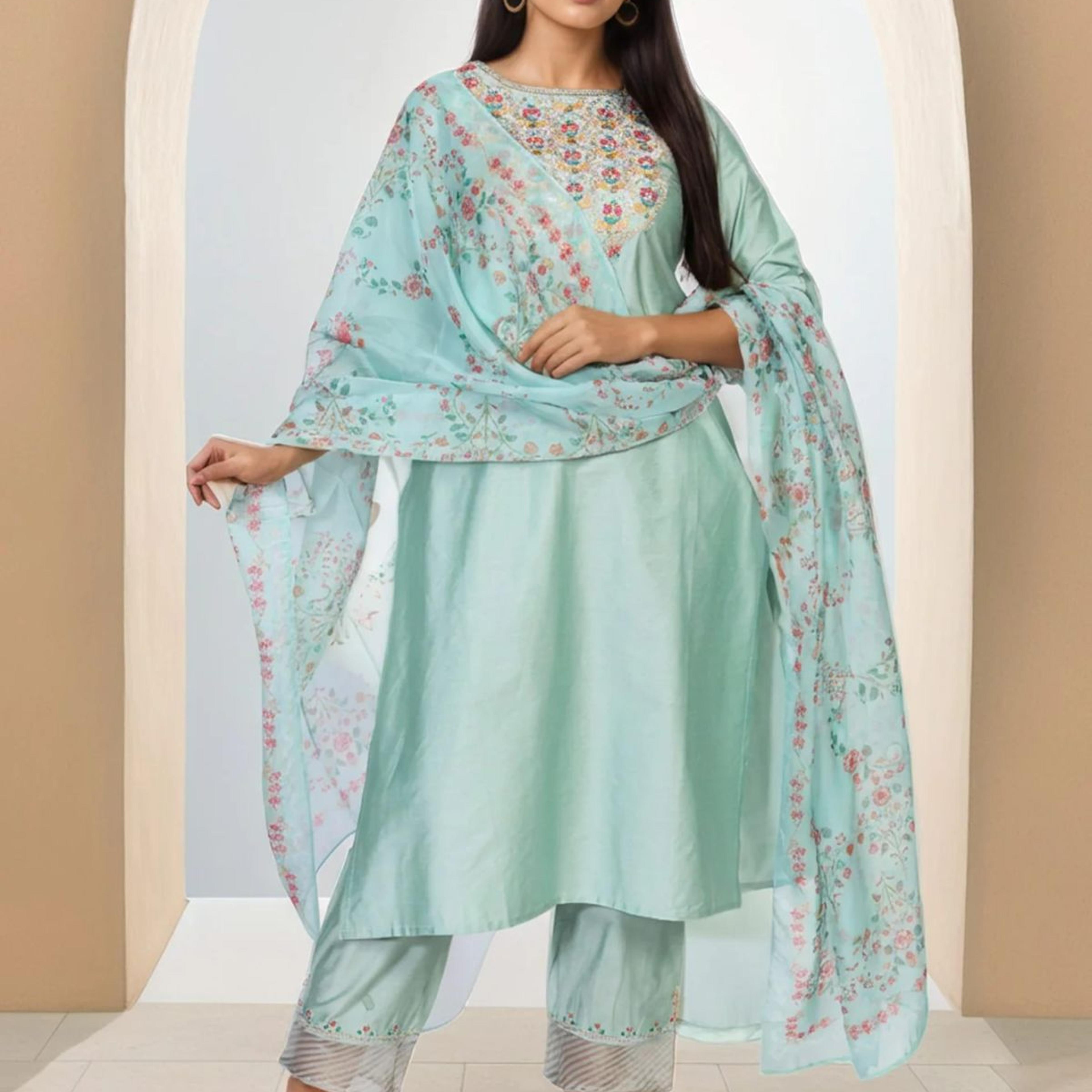 Green Embroidered Straight Jacquard Kurta with Straight Pant and Dupatta Set
