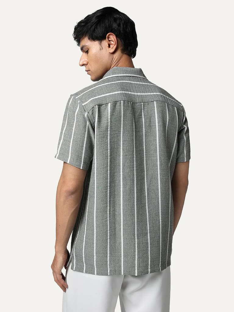 Men's Steel Cotton Half Sleeve Relaxed Fit Linen Striped Shirt with Cuban Collar — photo 4