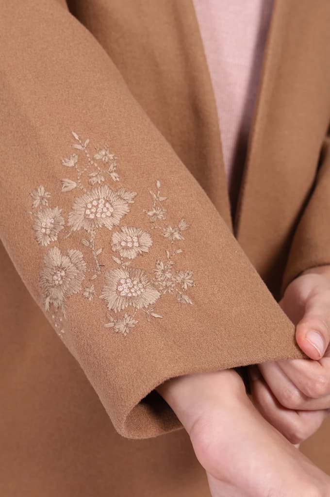 Camel Brown Embroidered Straight Woven Coat — photo 7