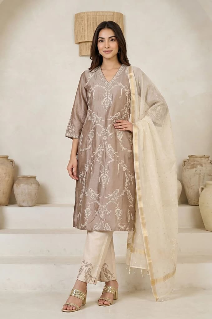 Brown Embroidered Cotton Blend Straight Kurta with Pants and Dupatta Set — XS