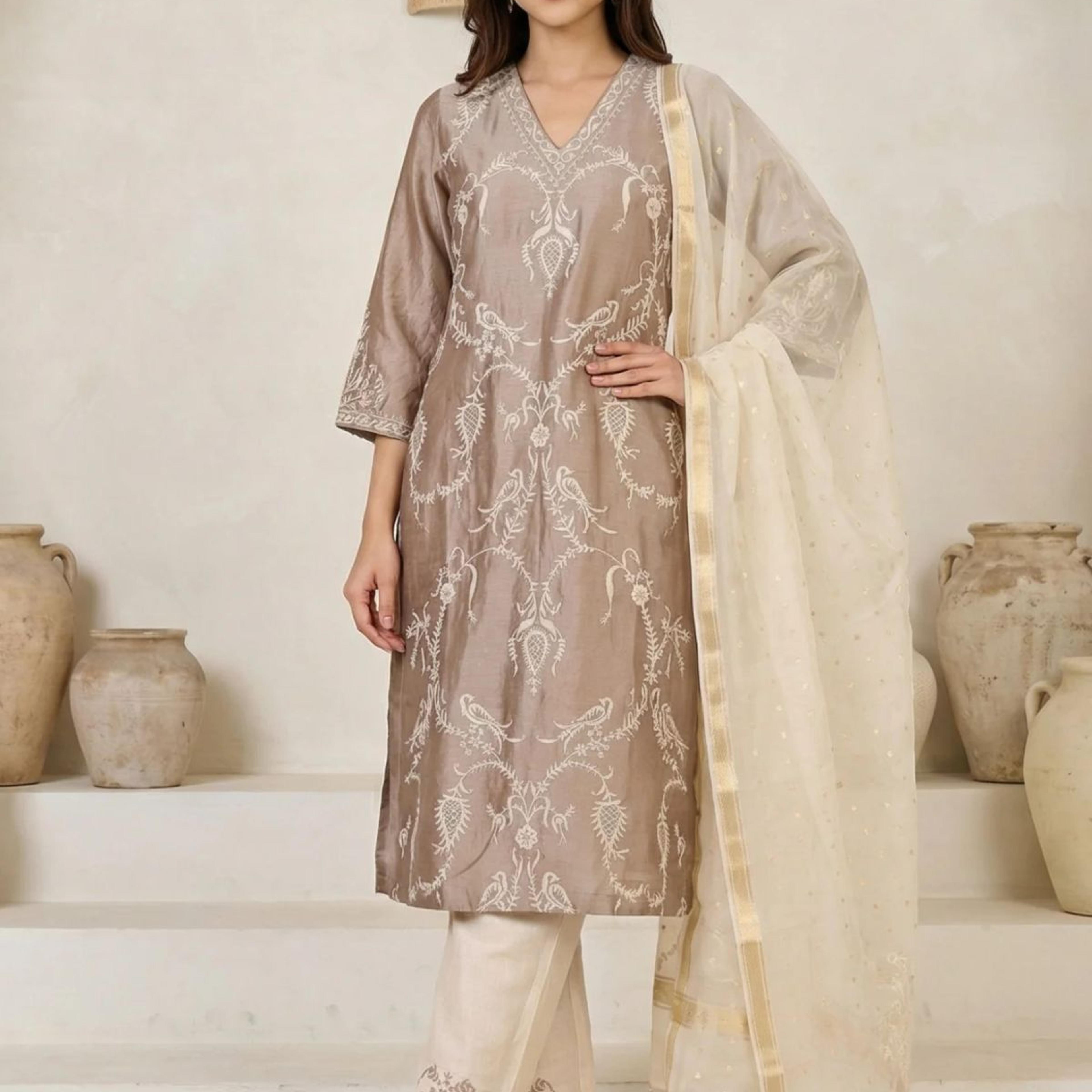 Brown Embroidered Cotton Blend Straight Kurta with Pants and Dupatta Set