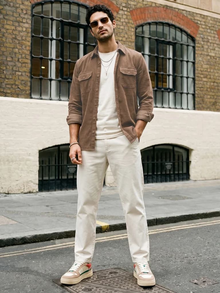 Men's Taupe Corduroy Full Sleeve Regular Fit Solid Overshirt with Utility Pockets — photo 4