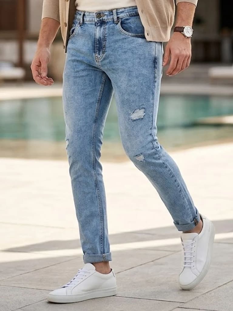 Men's Sky Blue Slim Fit Washed Mild Distressed/Torn Jeans Stretchable — 28 / Sky Blue