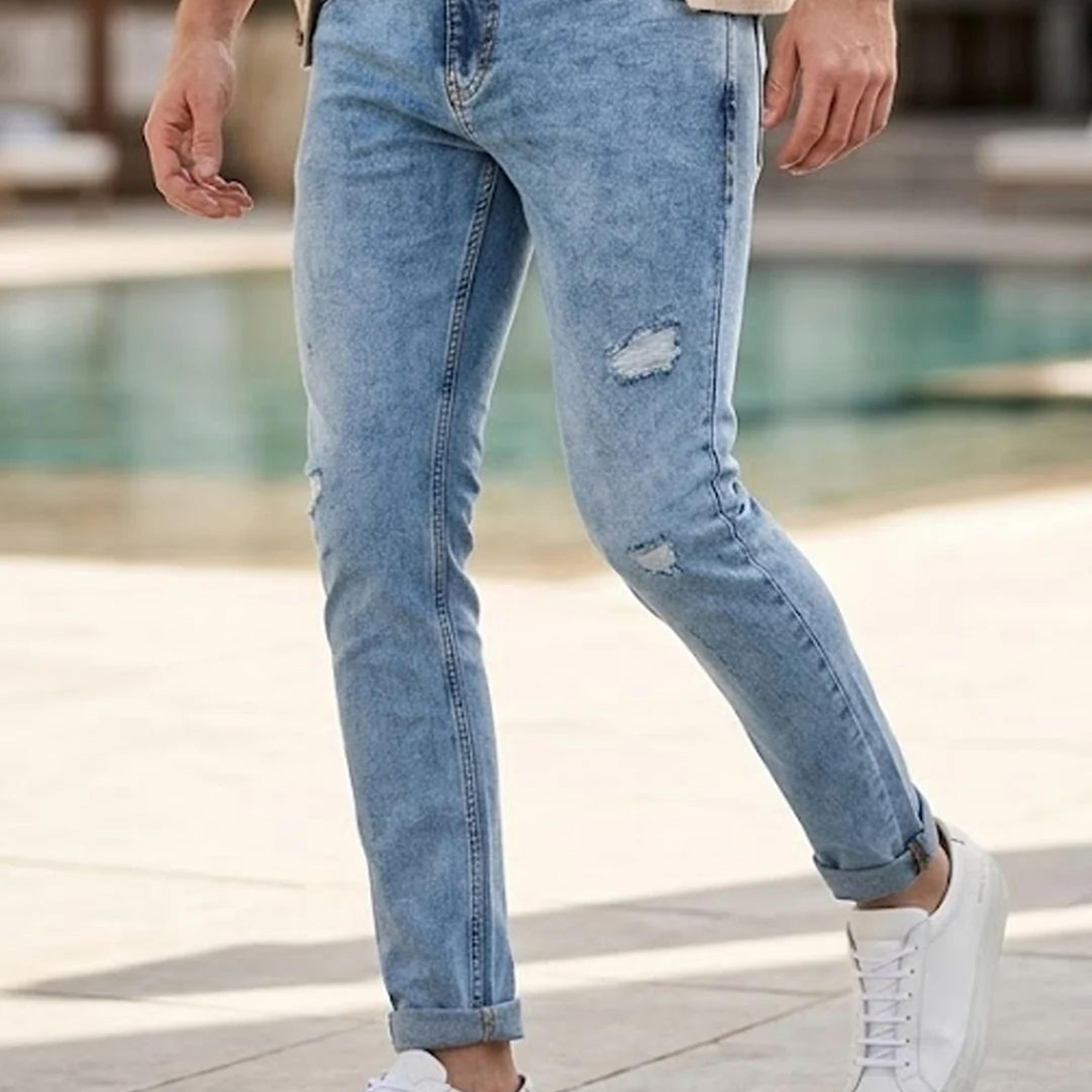 Men's Sky Blue Slim Fit Washed Mild Distressed/Torn Jeans Stretchable
