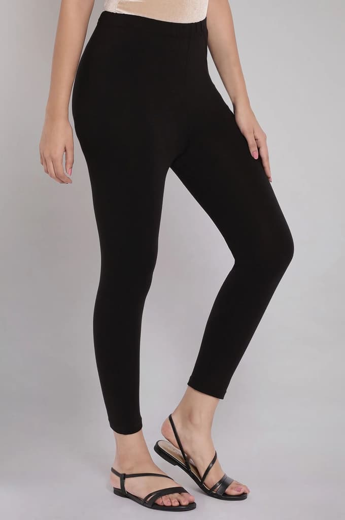 Black Solid Skinny Fit Cotton Tights With Elasticated Waistband — photo 4