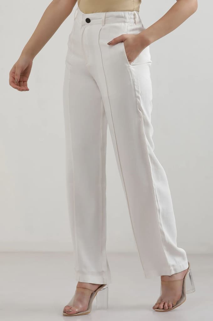 White Solid Straight Fit Rayon Pants — photo 3