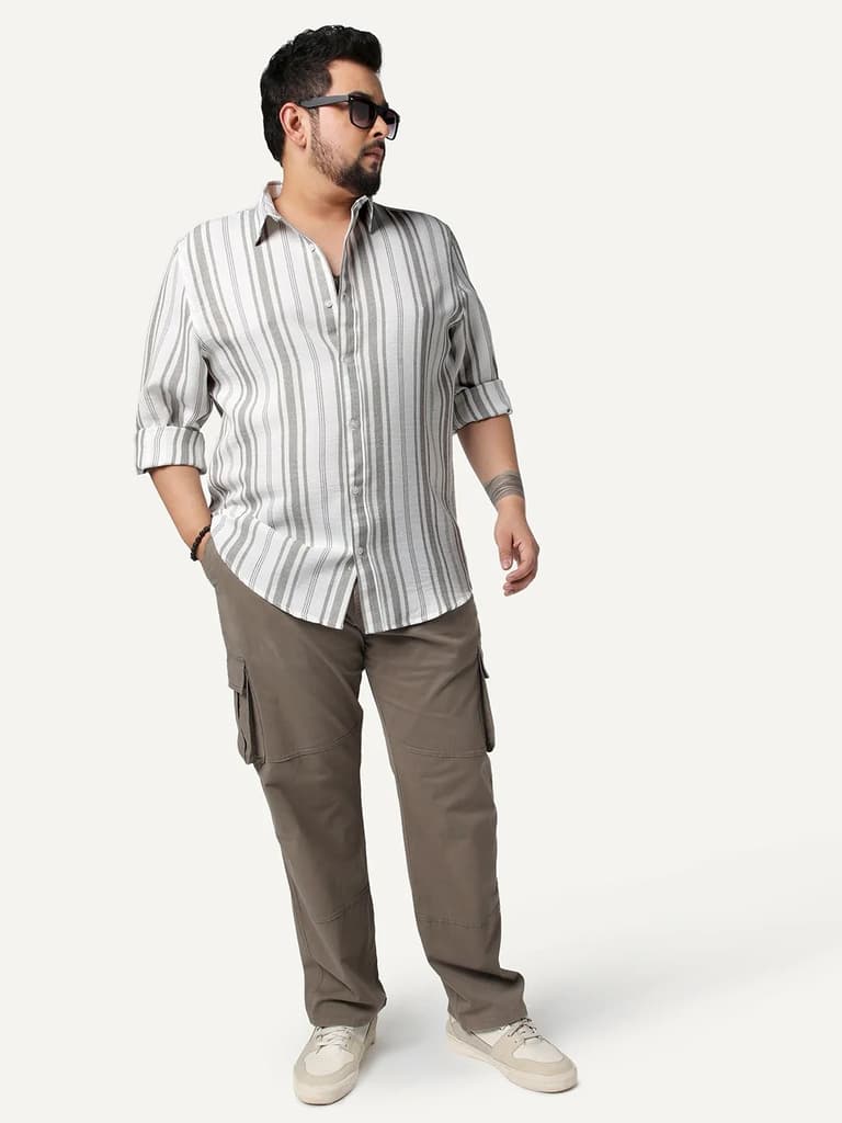 Plus Men's Grey Cotton Full Sleeve Relaxed Fit Linen Striped Shirt with Spread Collar — photo 4