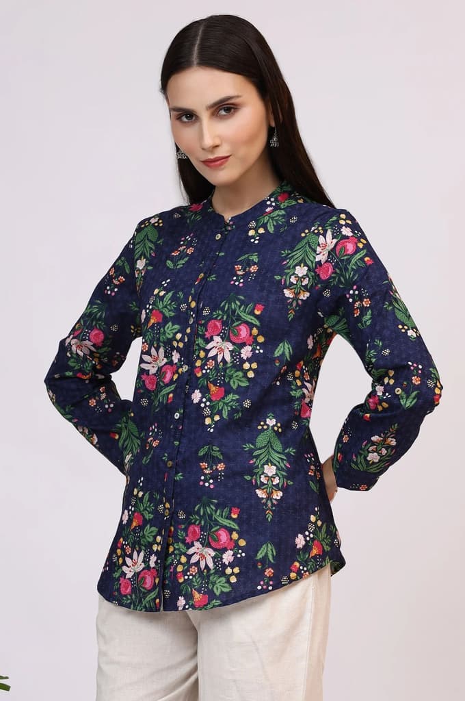 Navy Blue Floral Printed Pure Cotton Ethnic Shirt — photo 5