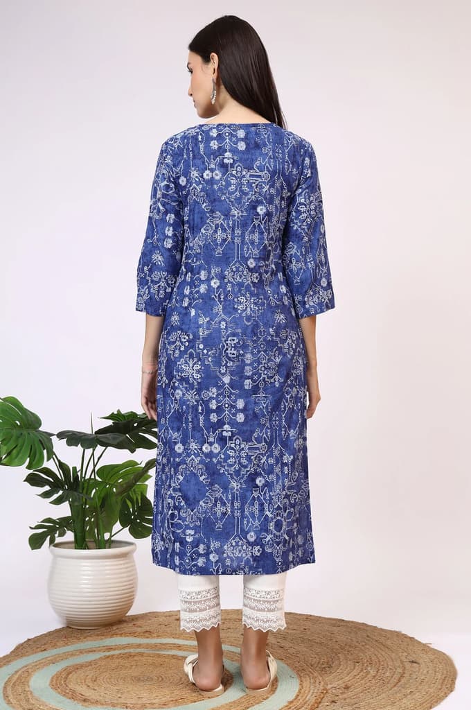 Navy Blue Printed Rayon Straight Kurta with Lace — photo 6