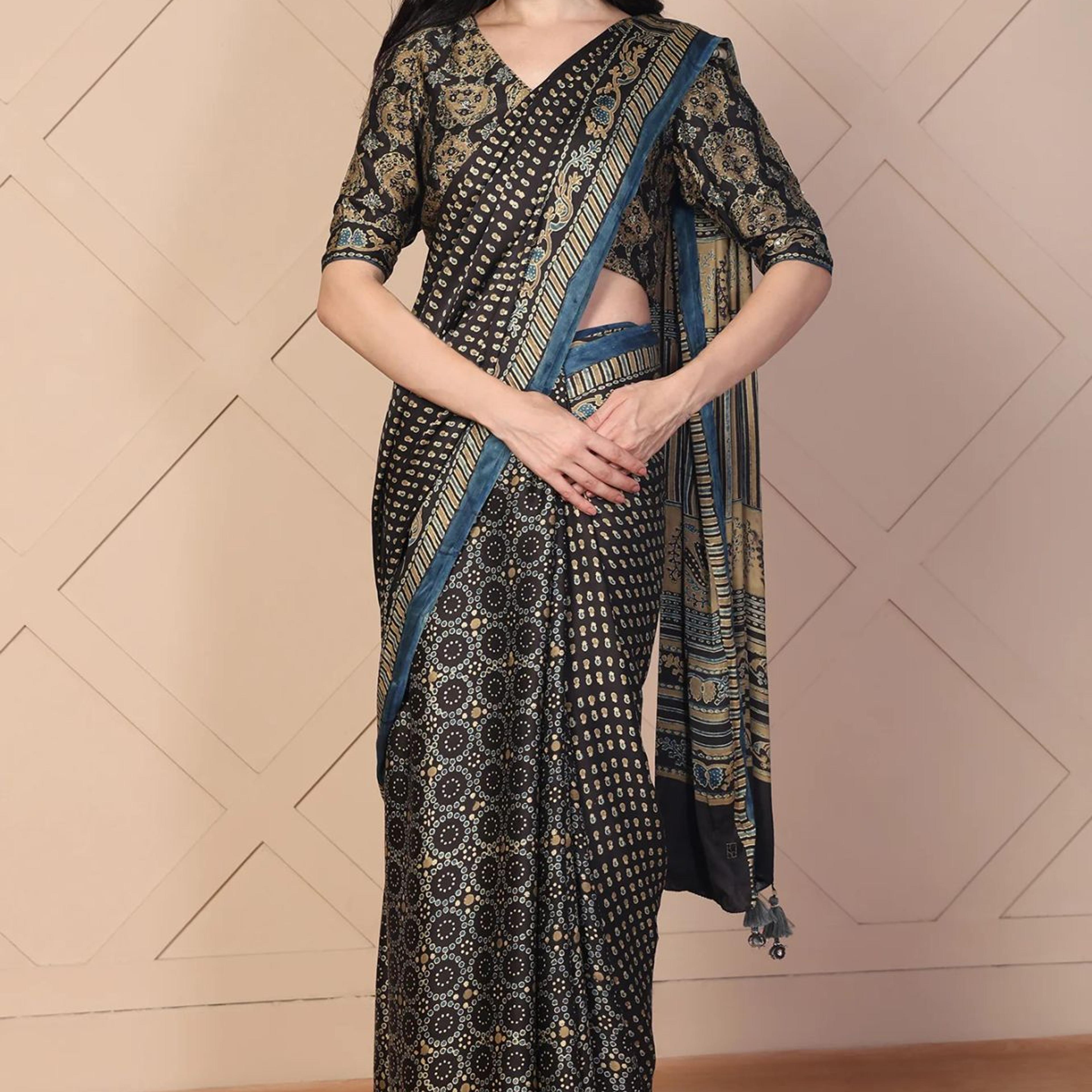 Black Tassels Saree with Unstitched Blouse