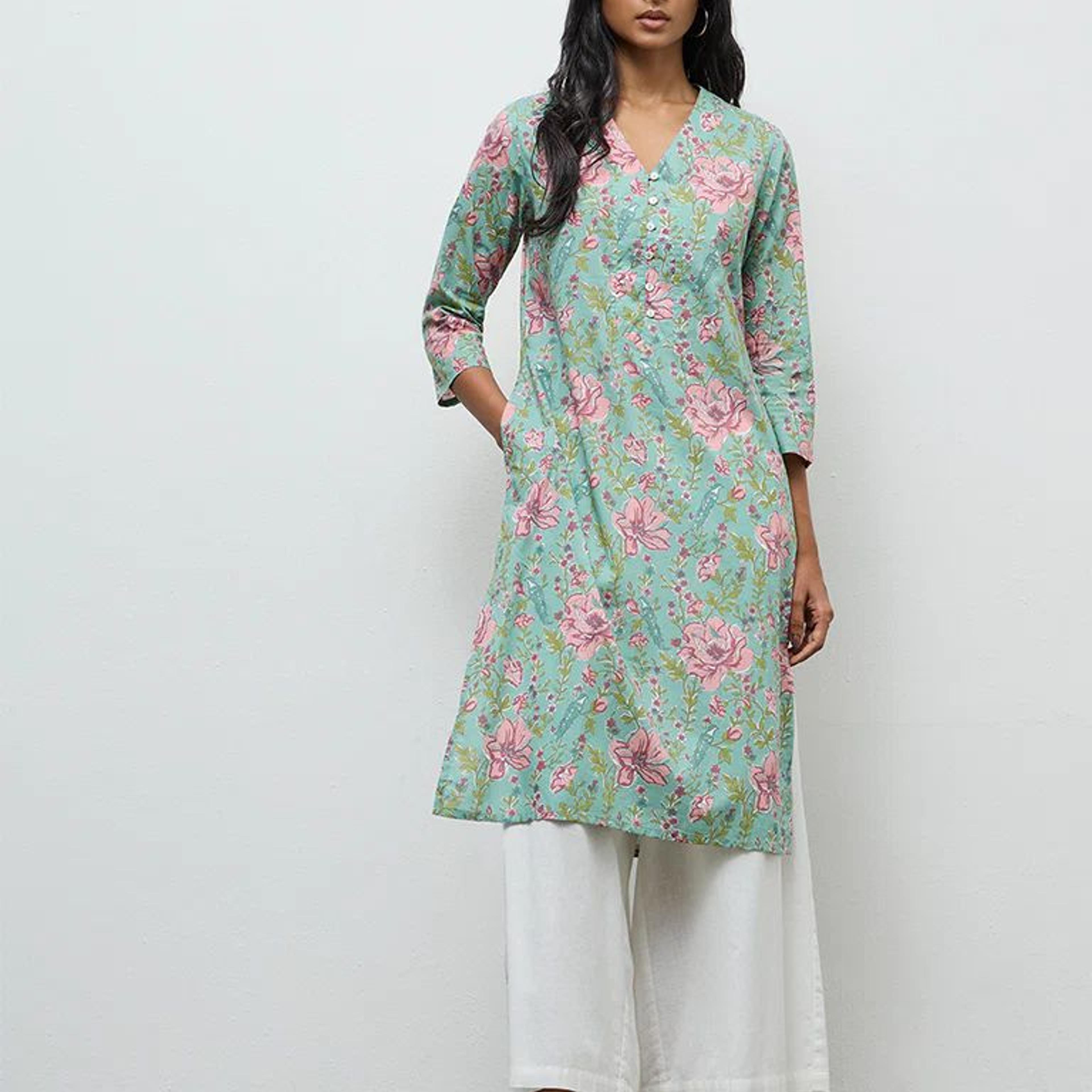 Utsa Aqua Floral Printed Cotton Straight Kurta