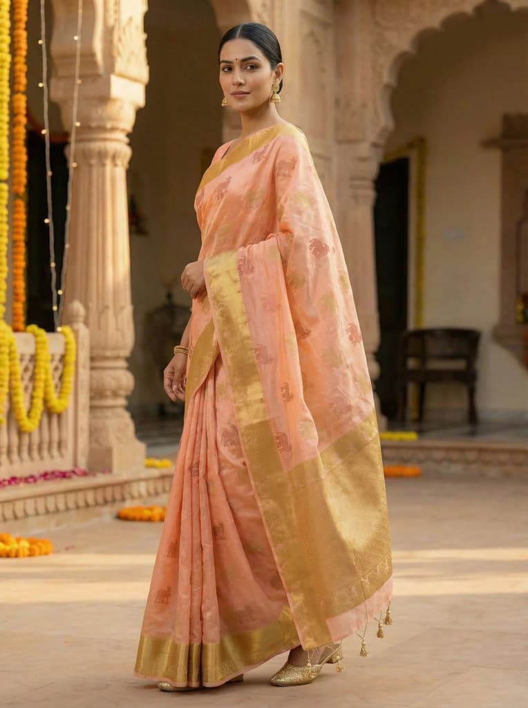 MIMOSA Women's Woven Design Banarasi Style Raw Silk Saree with Blouse Piece - Peach ( SA00003136PCFREE ) — photo 3