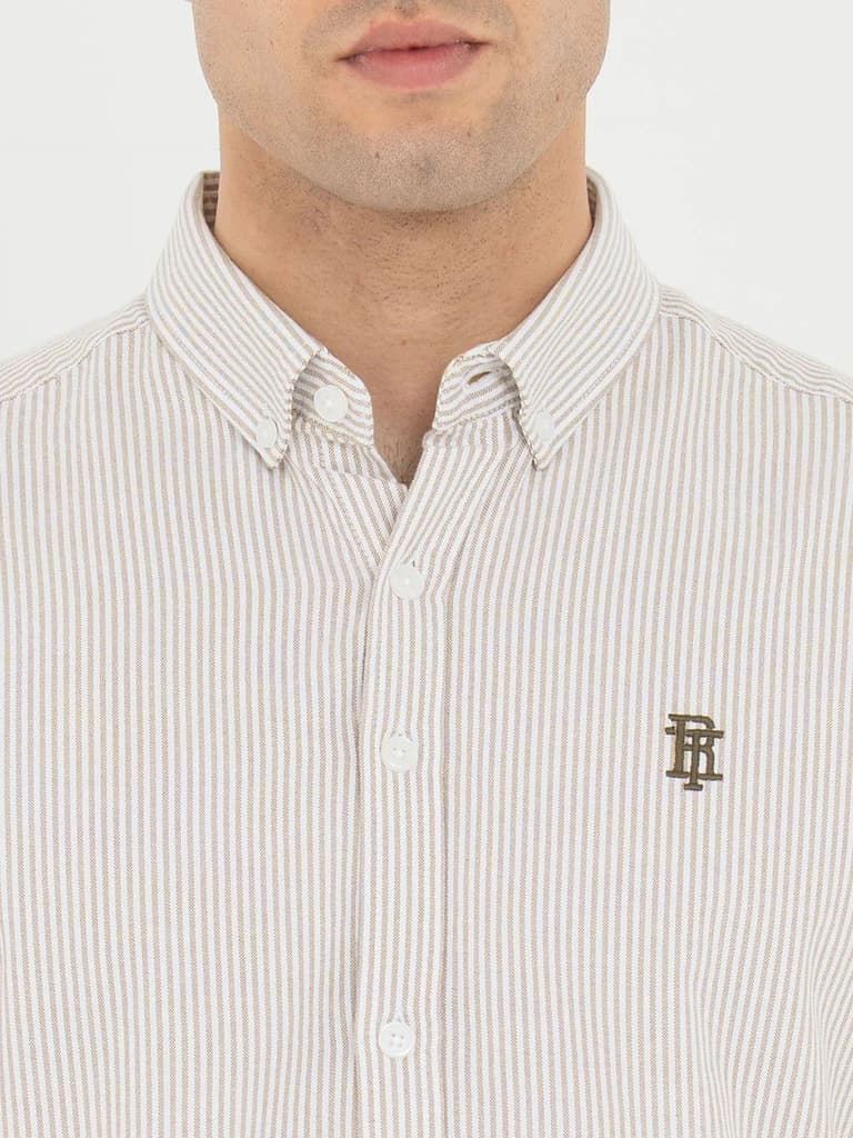 Shirts for Men in Tan | Striped Oxford Full Sleeve Casual Shirt — photo 4