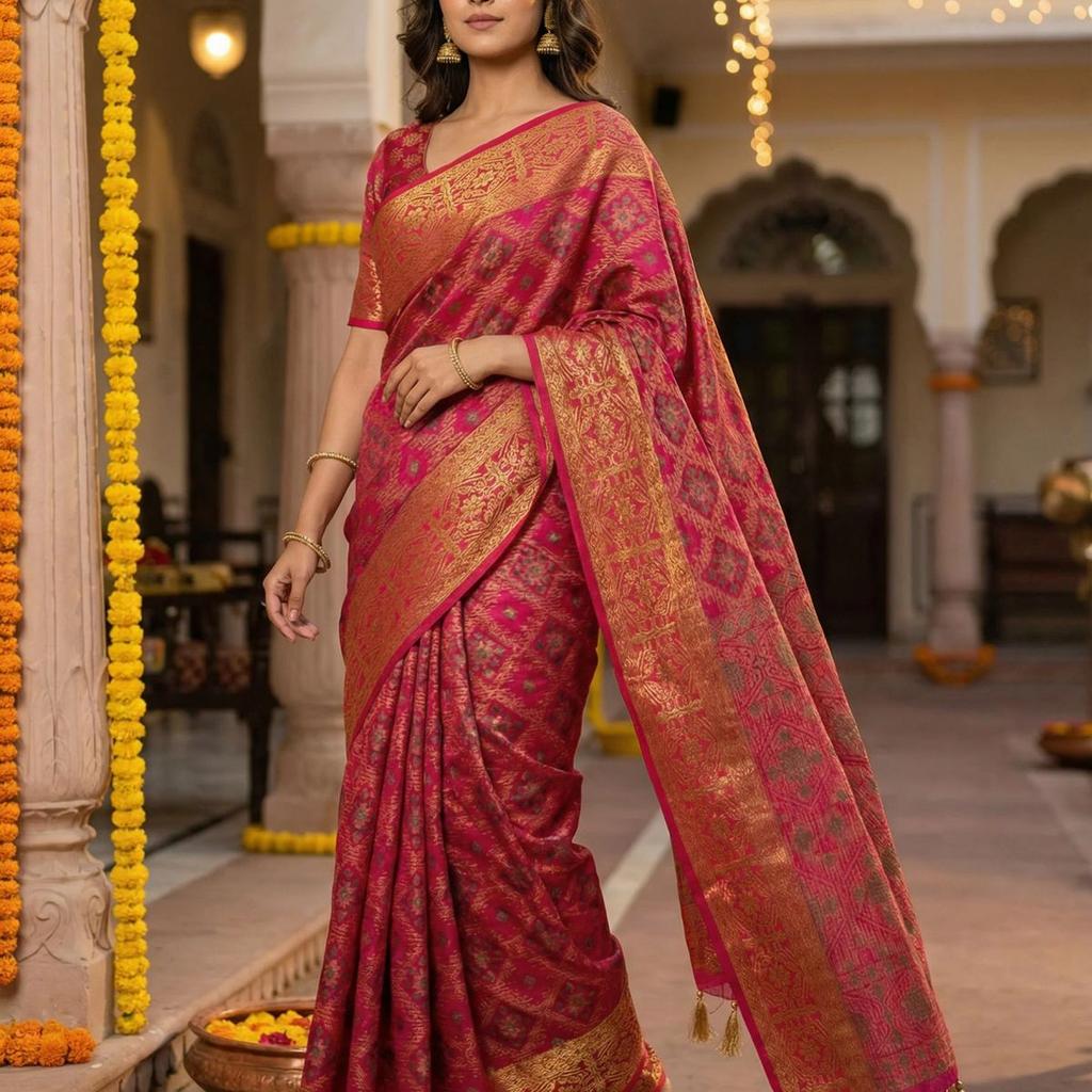 MIMOSA Women's Woven Design Patola Style Raw Silk Saree with Blouse Piece - Rani ( SA00003138RNFREE )