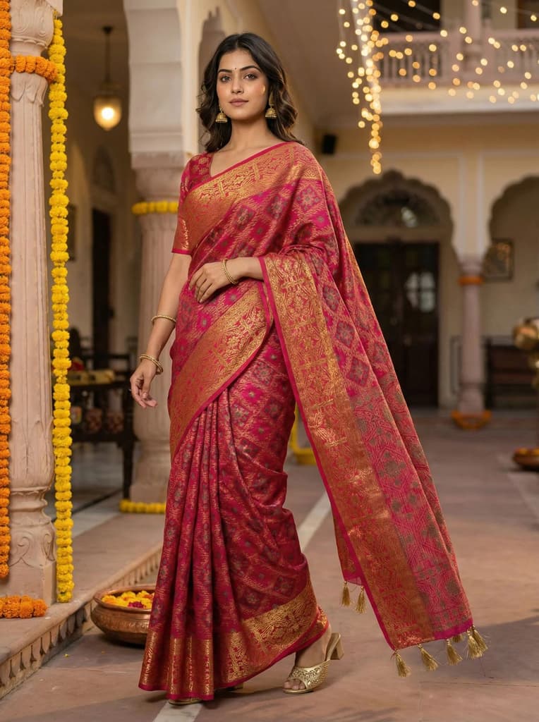 MIMOSA Women's Woven Design Patola Style Raw Silk Saree with Blouse Piece - Rani ( SA00003138RNFREE ) — Default Title