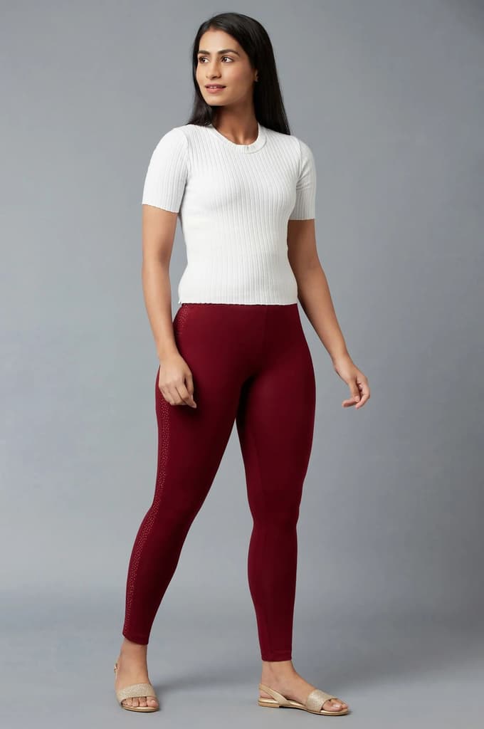 Maroon Solid Skinny Fit Cotton Tights With Elasticated Waistband — photo 5