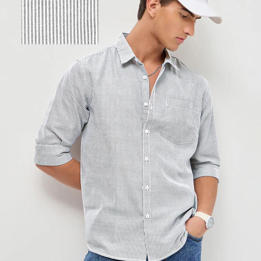 Men's Light Grey Cotton Full Sleeve Regular Fit Casual Striped Shirt