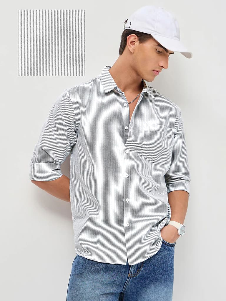 Men's Light Grey Cotton Full Sleeve Regular Fit Casual Striped Shirt — S / Light Grey