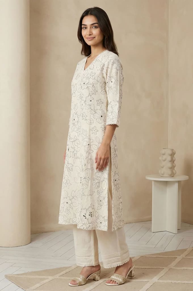 Off White Floral Printed Thread Work Pure Cotton Straight Kurta with Pants Set — photo 3