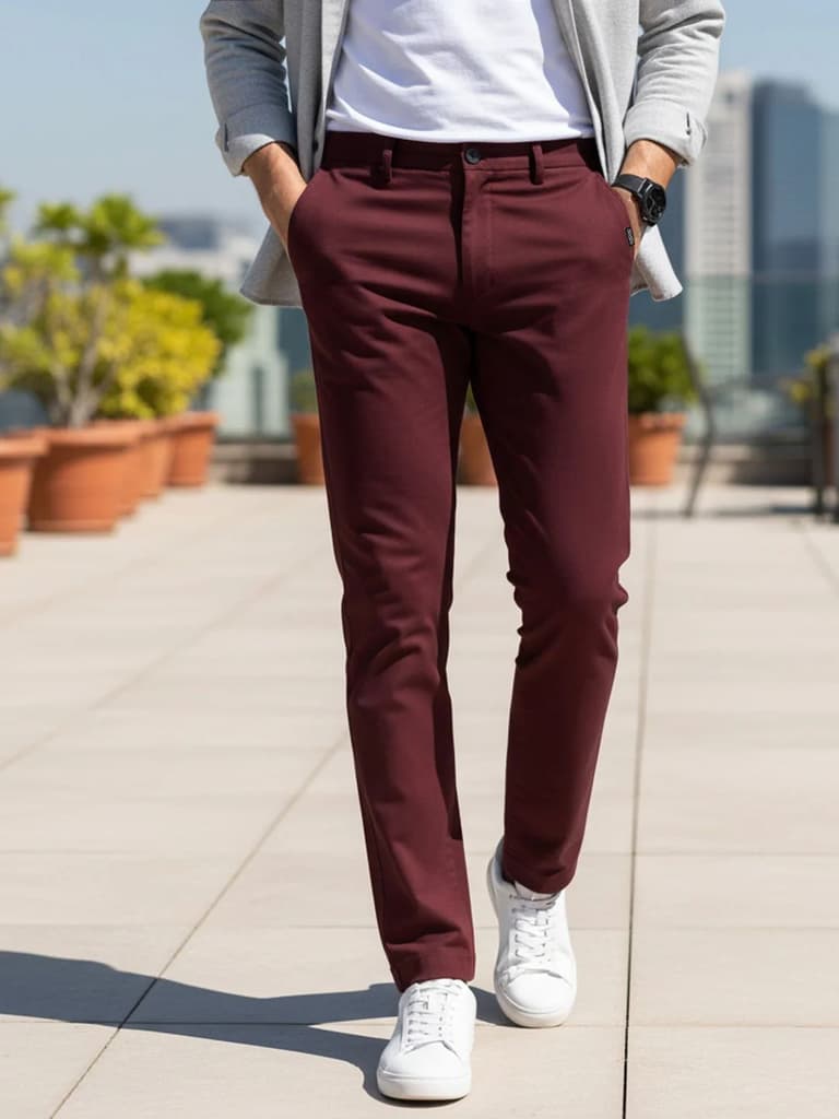 Men's Dark Maroon Cotton Regular Fit Casual Chinos Trousers Stretch — 28 / Dark Maroon