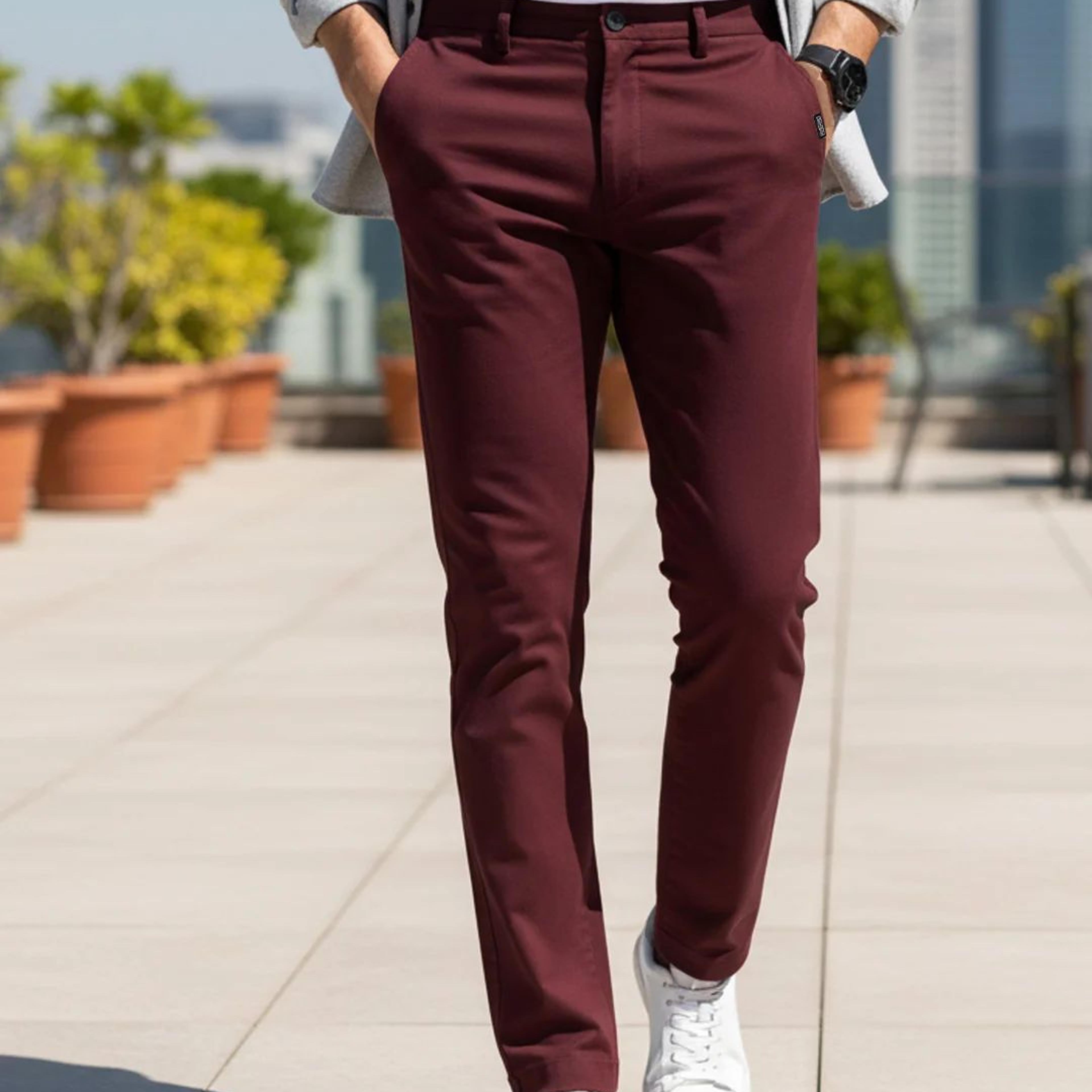 Men's Dark Maroon Cotton Regular Fit Casual Chinos Trousers Stretch