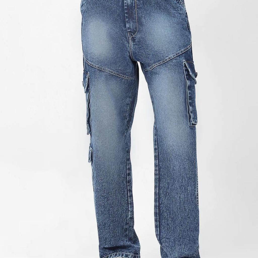 Men's Blue Loose Fit Cargo Jeans With 7 Pockets Non Stretchable