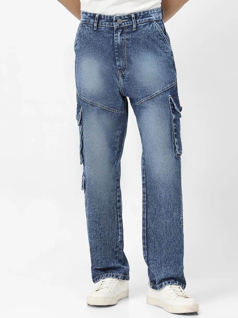 Men's Blue Loose Fit Cargo Jeans With 7 Pockets Non Stretchable — 28 / Blue
