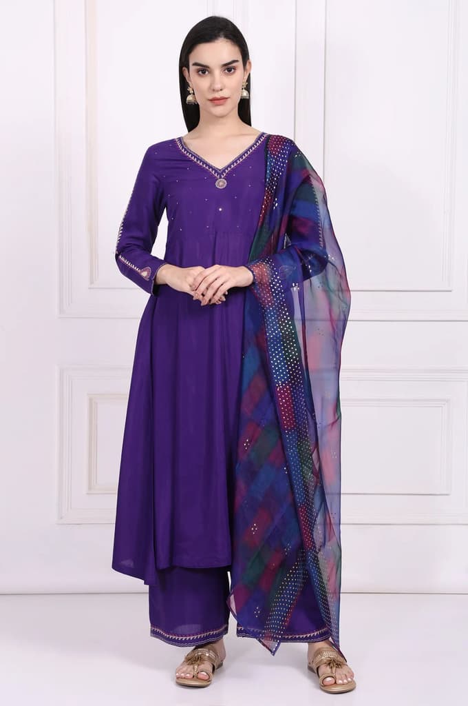Purple Embroidered Anarkali Kurta with Parallel Pant and Dupatta Set — photo 2