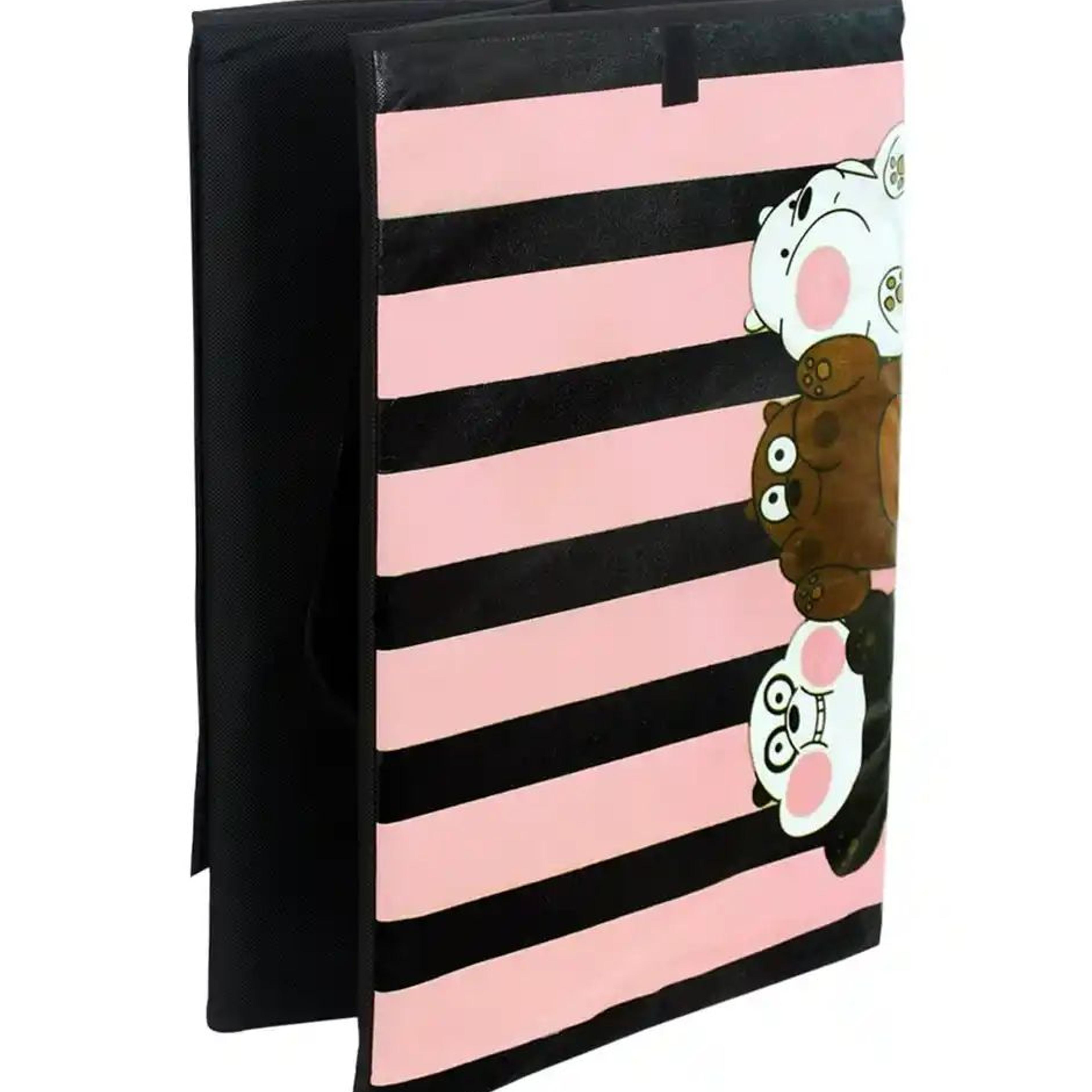 Prettykrafts Large Striped Panda Foldable Laundry & Storage Basket With Lid, 75 Ltr