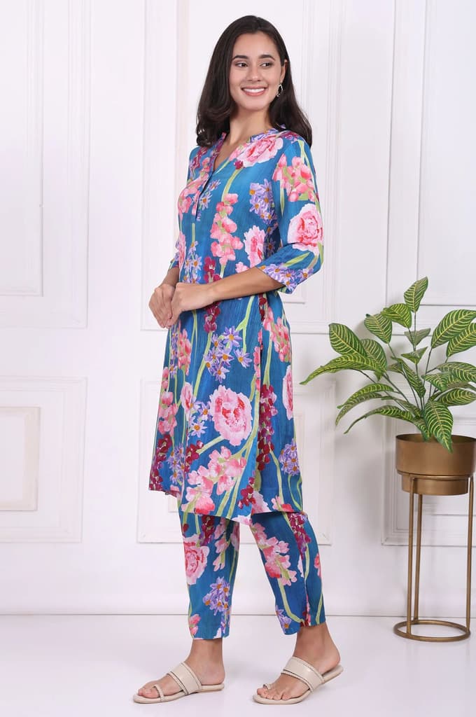 Blue Floral Printed Modal Straight Kurta — photo 4