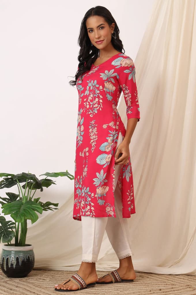 Pink Floral Printed Modal Straight Kurta — photo 5