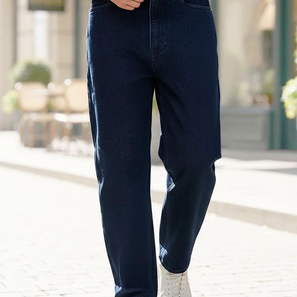 Men's Dark Blue Loose Baggy Fit Raw Washed Denim Jeans Non-Stretchable