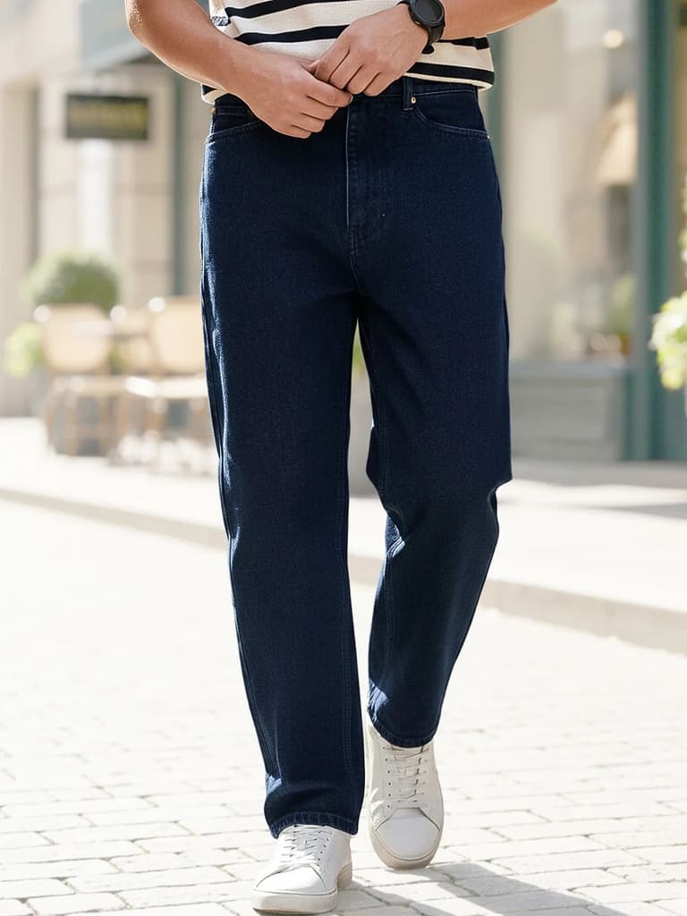 Men's Dark Blue Loose Baggy Fit Raw Washed Denim Jeans Non-Stretchable — 28 / Dark Blue