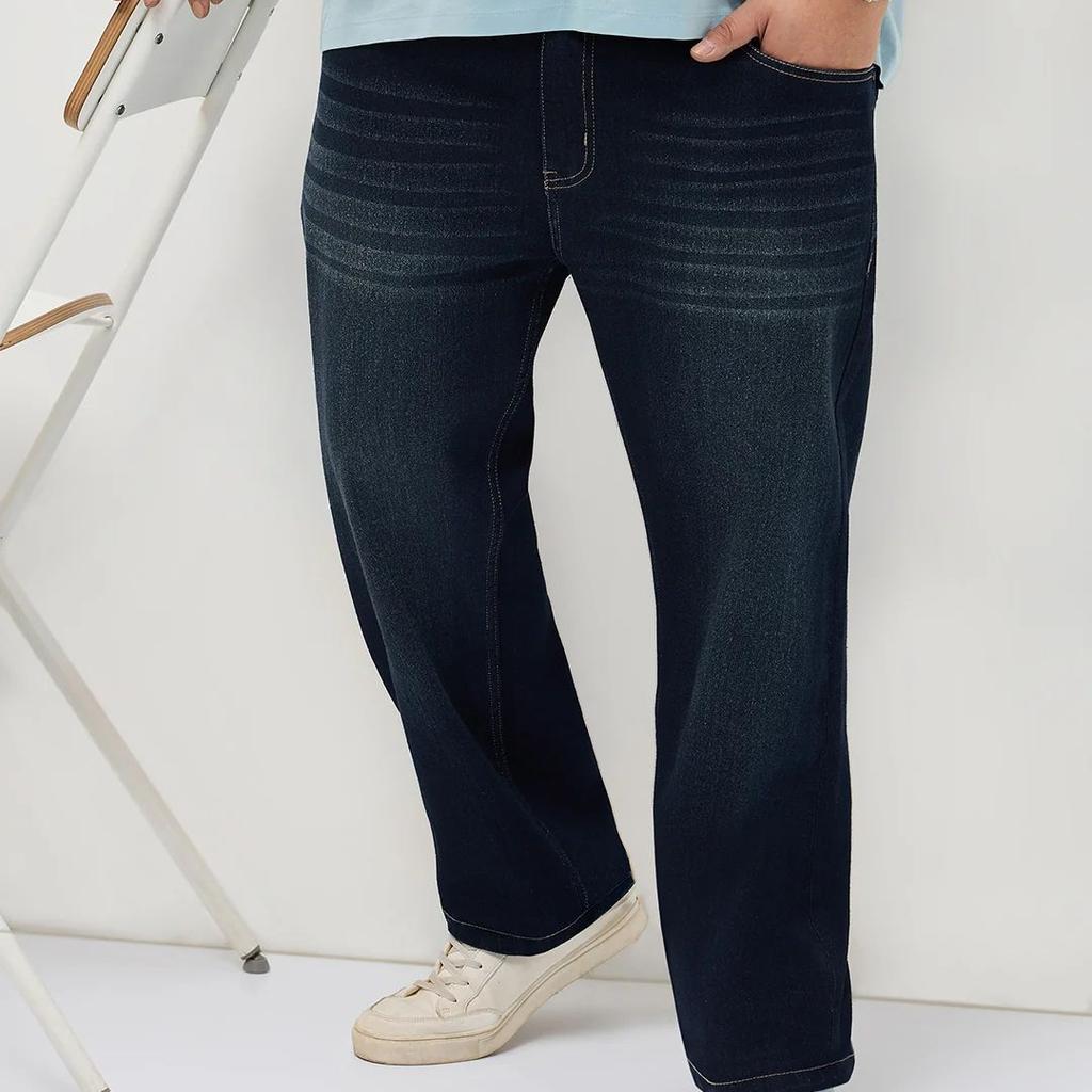 Plus Men's Dark Blue Regular Fit Whisker Washed Yellow Tint Denim Jeans Stretchable