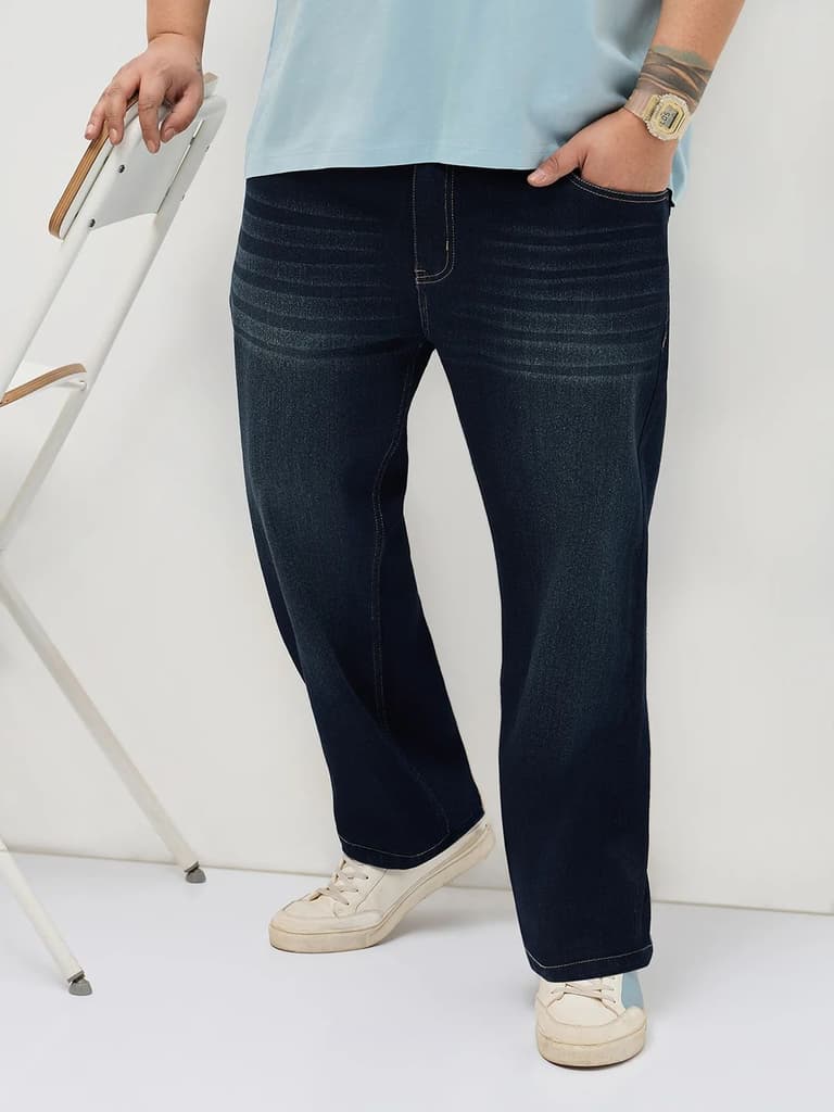 Plus Men's Dark Blue Regular Fit Whisker Washed Yellow Tint Denim Jeans Stretchable — 36 / Dark Blue