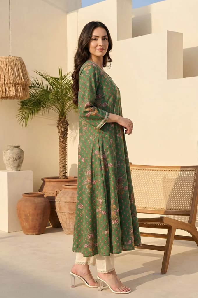 Green Floral Printed Tape Zari Anarkali Kurta — photo 5