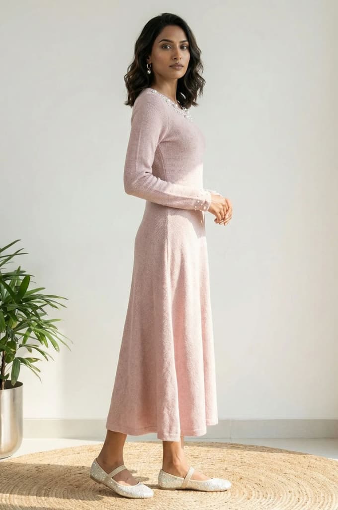 Pink Solid Sequins A-line Winter Dress — photo 3