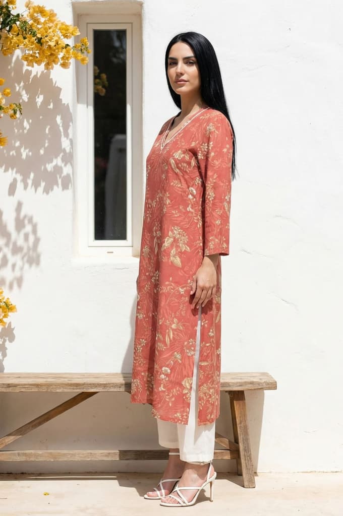 Rust Floral Printed Piping Detail Modal Straight Kurta — photo 3