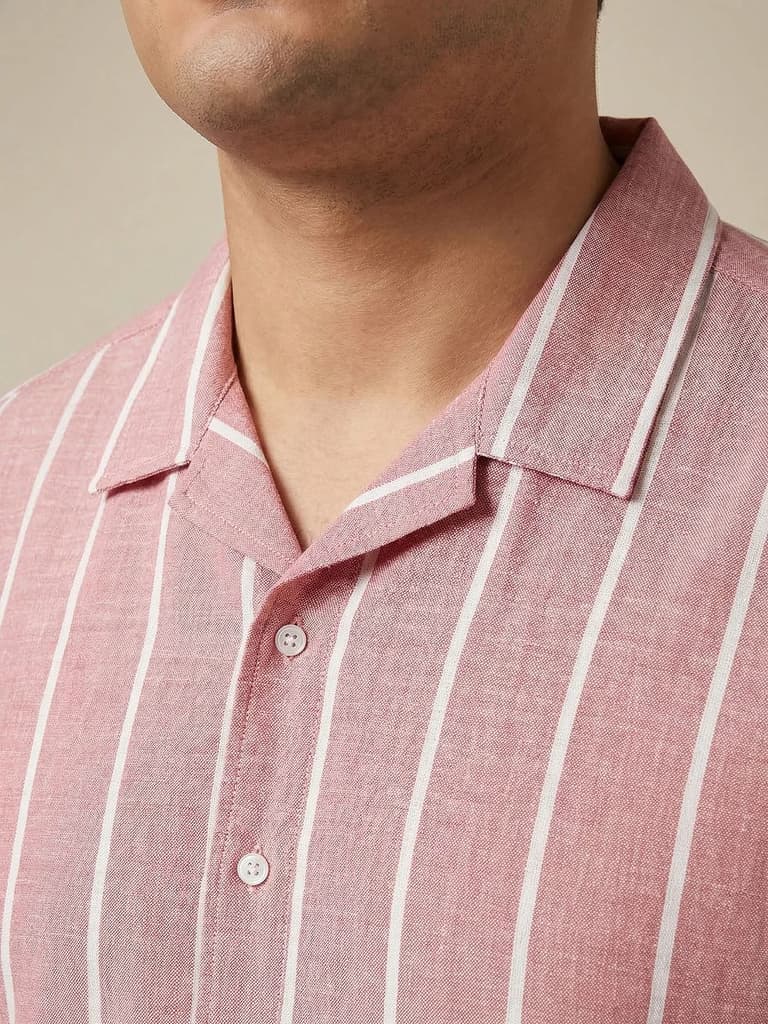Plus Men's Pink Cotton Half Sleeve Relaxed Fit Linen Striped Shirt with Cuban Collar — photo 6
