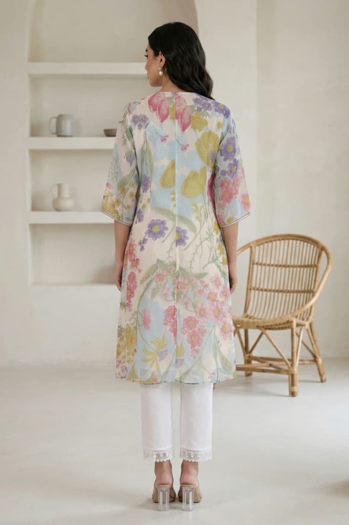 Off White Floral Printed Chiffon Straight Kurta — photo 5