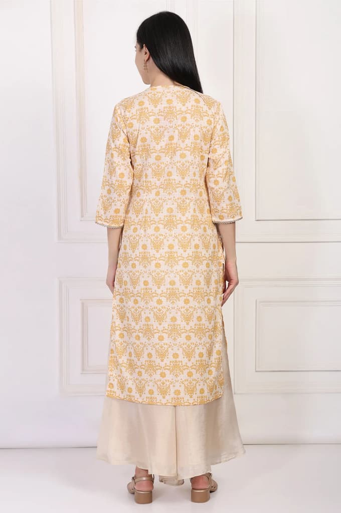 Cream Ethnic Damask Printed Lace Trim Straight Rayon Kurta — photo 5